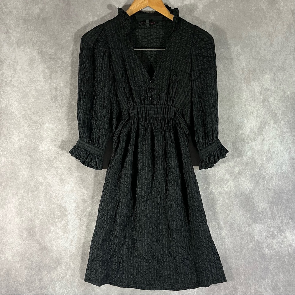 Betseyโ Johnson Mini Dress Women 0 Black Smocked Button Goth Dark Cottage V Neck